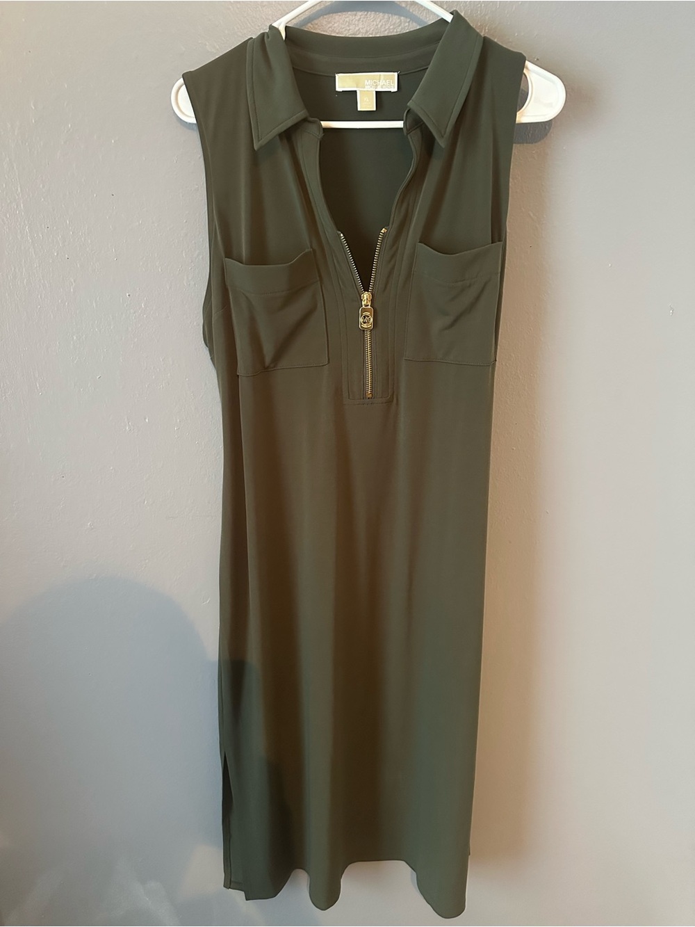 Michael Kors Olive Sleeveless Polo Midi Dress with Gold Zip